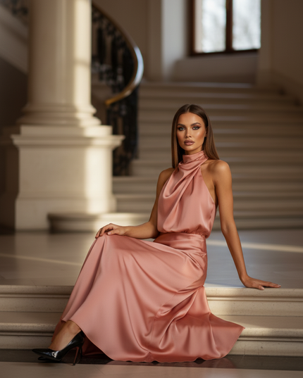 Satin Kleid - Satinkleid Lang Elegant Rosa - Altrosa Maxikleid Satin - Ansicht 5
