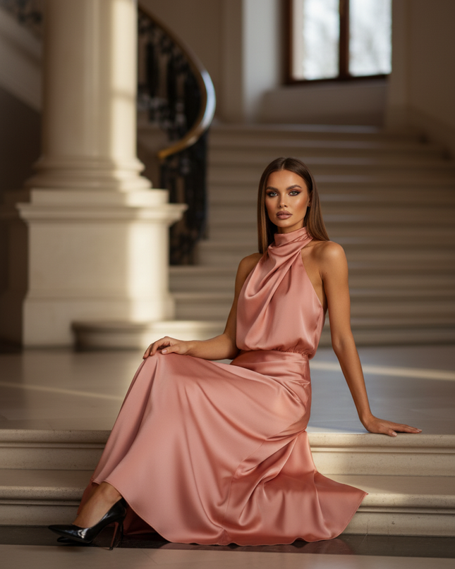 Satin Kleid - Satinkleid Lang Elegant Rosa - Altrosa Maxikleid Satin - Ansicht 5