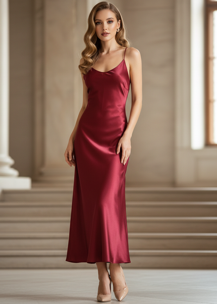 Satin Kleid - Satinkleid Lang Figurbetonend Rot - Weinrot Maxikleid - Ansicht 1