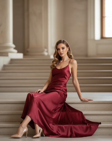Satin Kleid - Satinkleid Lang Figurbetonend Rot - Weinrot Maxikleid - Ansicht 5