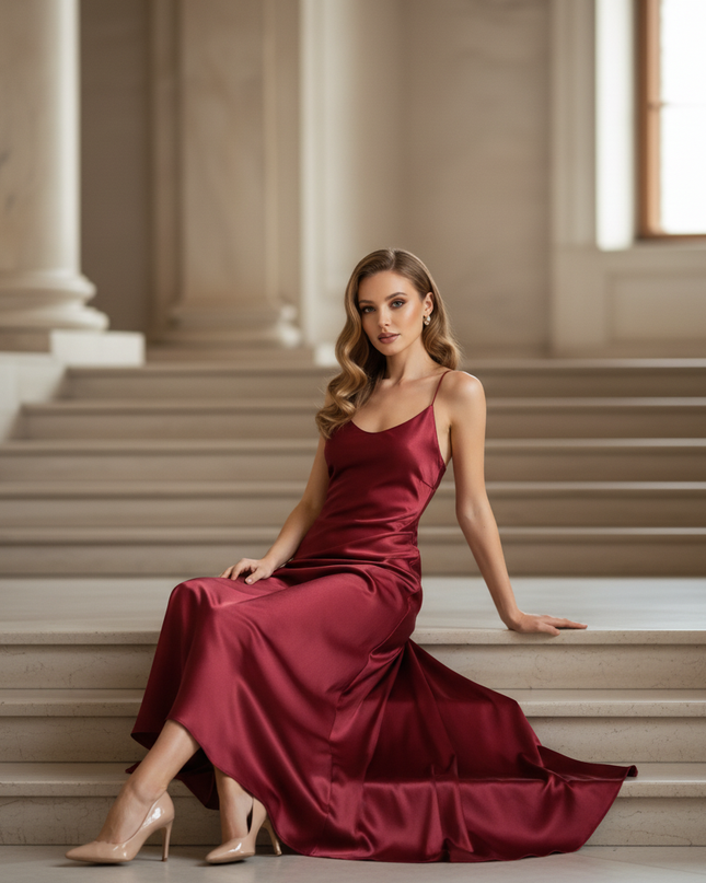 Satin Kleid - Satinkleid Lang Figurbetonend Rot - Weinrot Maxikleid - Ansicht 5