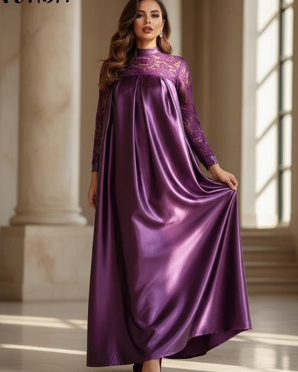 Satin Kleid - Satinkleid Lang Flieder - Maxikleid Lila Spitze - Ansicht 1