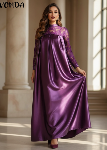 Satin Kleid - Satinkleid Lang Flieder - Maxikleid Lila Spitze - Ansicht 1