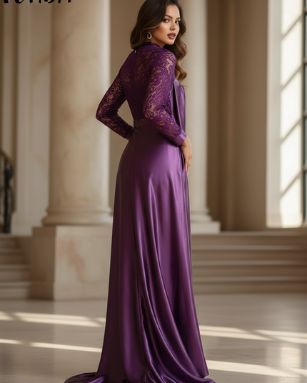Satin Kleid - Satinkleid Lang Flieder - Maxikleid Lila Spitze - Ansicht 2