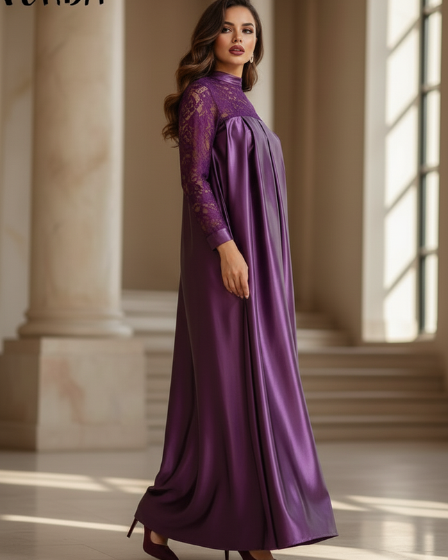 Satin Kleid - Satinkleid Lang Flieder - Maxikleid Lila Spitze - Ansicht 3