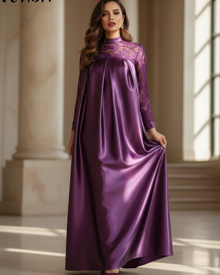 Satin Kleid - Satinkleid Lang Flieder - Maxikleid Lila Spitze - Ansicht 4
