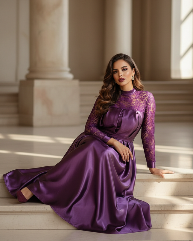 Satin Kleid - Satinkleid Lang Flieder - Maxikleid Lila Spitze - Ansicht 5