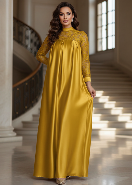 Satin Kleid - Satinkleid Lang Gelb - Maxikleid mit Spitze - Ansicht 1