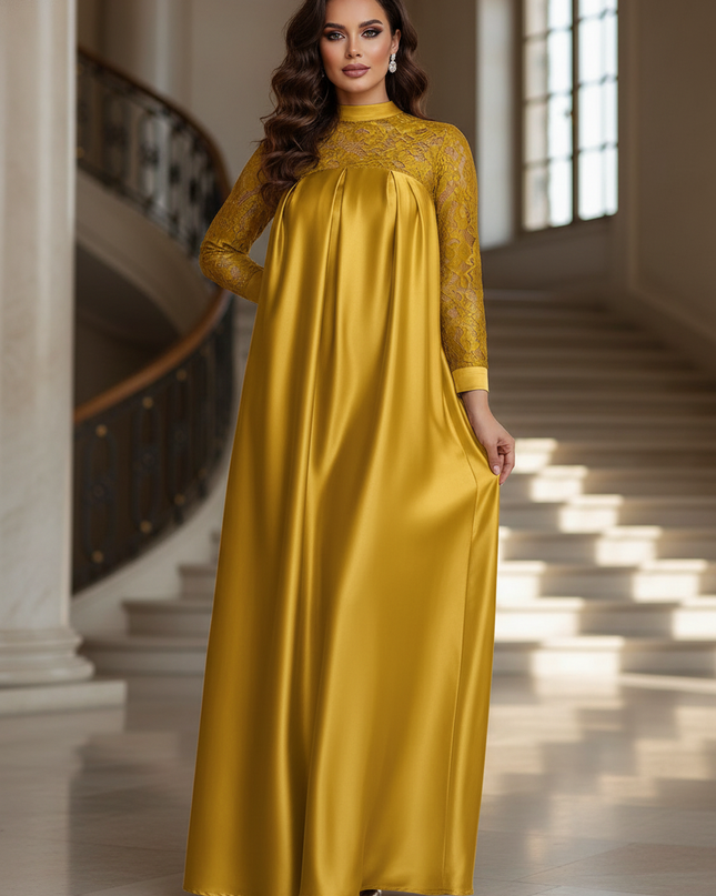 Satin Kleid - Satinkleid Lang Gelb - Maxikleid mit Spitze - Ansicht 1