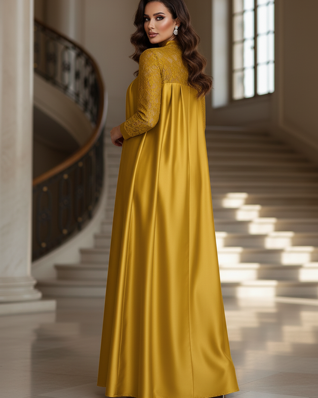 Satin Kleid - Satinkleid Lang Gelb - Maxikleid mit Spitze - Ansicht 2