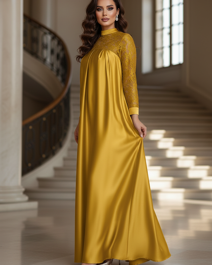 Satin Kleid - Satinkleid Lang Gelb - Maxikleid mit Spitze - Ansicht 3