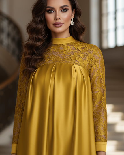 Satin Kleid - Satinkleid Lang Gelb - Maxikleid mit Spitze - Ansicht 4