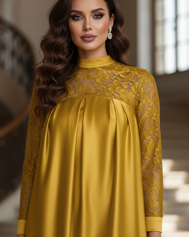 Satin Kleid - Satinkleid Lang Gelb - Maxikleid mit Spitze - Ansicht 4