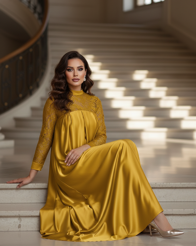 Satin Kleid - Satinkleid Lang Gelb - Maxikleid mit Spitze - Ansicht 5
