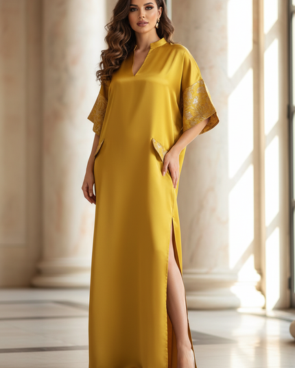 Satin Kleid - Satinkleid Lang Gold - VONDA Maxikleid Kaftan - Ansicht 1