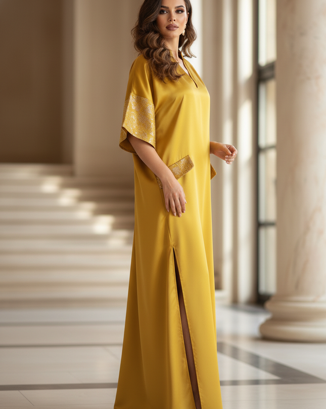 Satin Kleid - Satinkleid Lang Gold - VONDA Maxikleid Kaftan - Ansicht 3