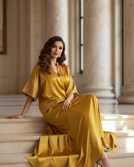 Satin Kleid - Satinkleid Lang Gold - VONDA Maxikleid Kaftan - Ansicht 5