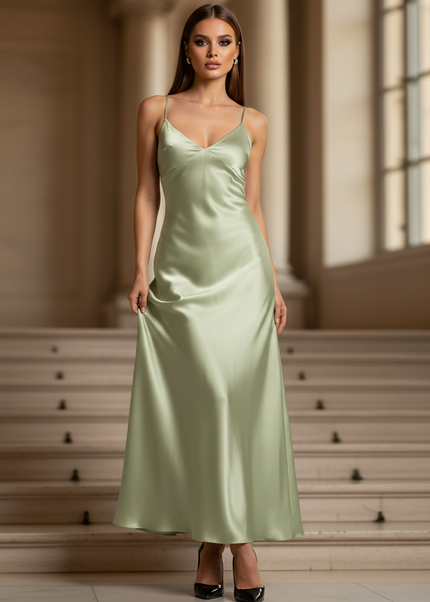 Satin Kleid - Satinkleid Lang Gruen - Maxikleid Avocadogruen - Ansicht 1