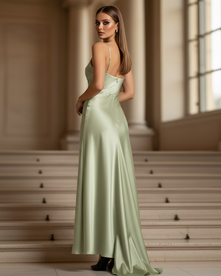 Satin Kleid - Satinkleid Lang Gruen - Maxikleid Avocadogruen - Ansicht 2