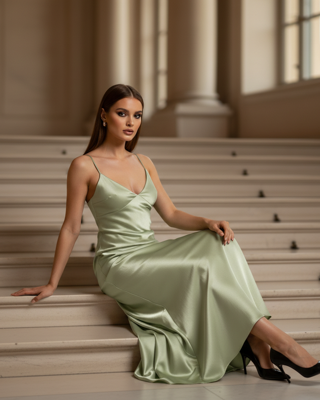 Satin Kleid - Satinkleid Lang Gruen - Maxikleid Avocadogruen - Ansicht 5