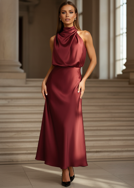 Satin Kleid - Satinkleid Lang Halter Bordeaux - Maxikleid Satin - Ansicht 1