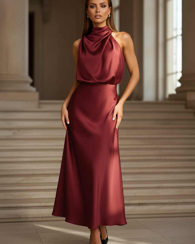 Satin Kleid - Satinkleid Lang Halter Bordeaux - Maxikleid Satin - Ansicht 1