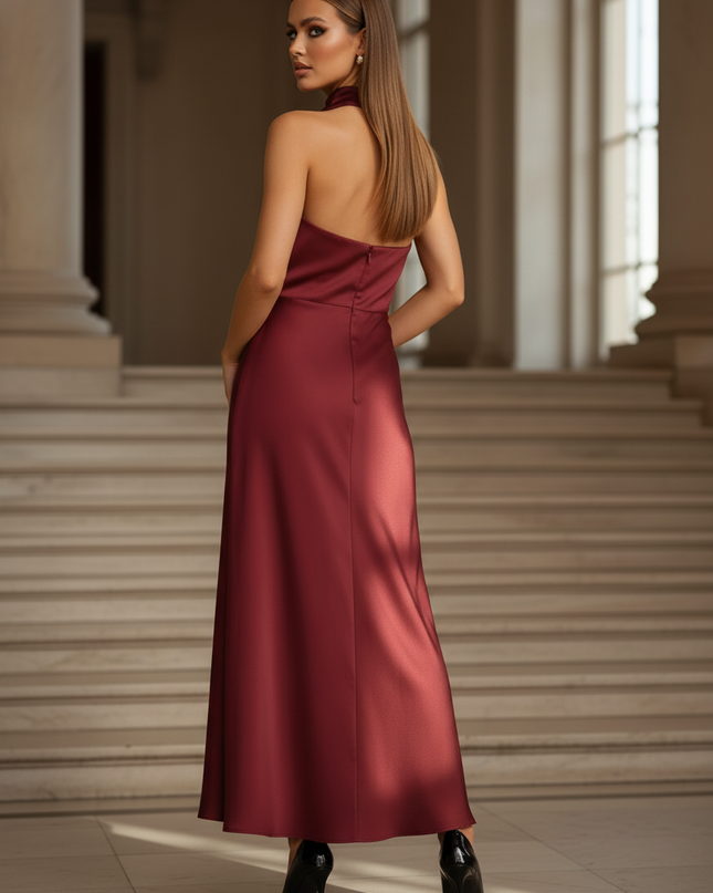 Satin Kleid - Satinkleid Lang Halter Bordeaux - Maxikleid Satin - Ansicht 2