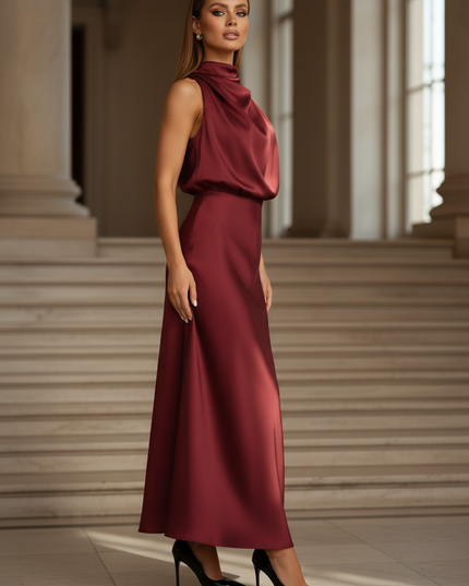 Satin Kleid - Satinkleid Lang Halter Bordeaux - Maxikleid Satin - Ansicht 3