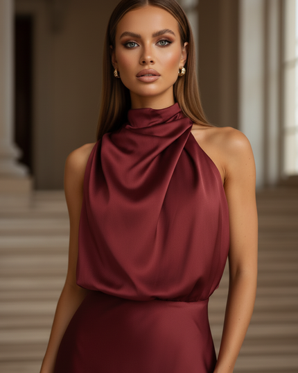 Satin Kleid - Satinkleid Lang Halter Bordeaux - Maxikleid Satin - Ansicht 4