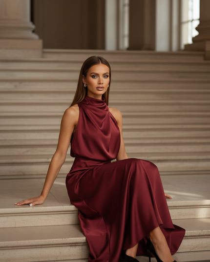 Satin Kleid - Satinkleid Lang Halter Bordeaux - Maxikleid Satin - Ansicht 5
