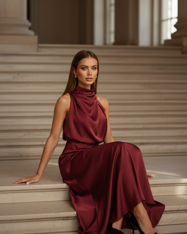 Satin Kleid - Satinkleid Lang Halter Bordeaux - Maxikleid Satin - Ansicht 5