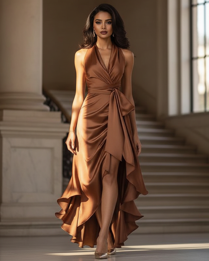 Satin Kleid - Satinkleid Lang Halter Braun - Maxikleid Cognac - Ansicht 1