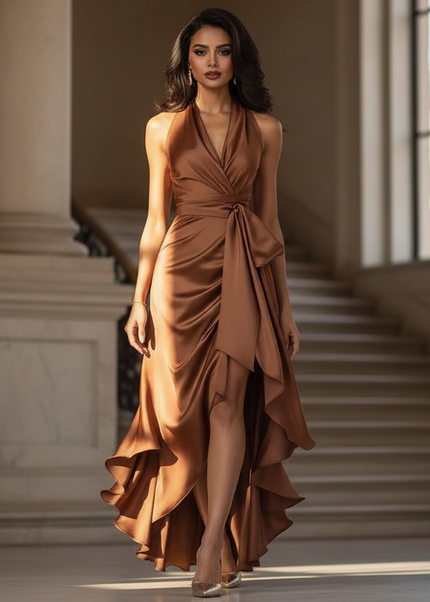 Satin Kleid - Satinkleid Lang Halter Braun - Maxikleid Cognac - Ansicht 1