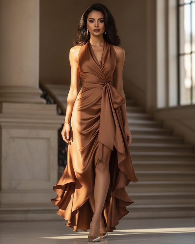 Satin Kleid - Satinkleid Lang Halter Braun - Maxikleid Cognac - Ansicht 1