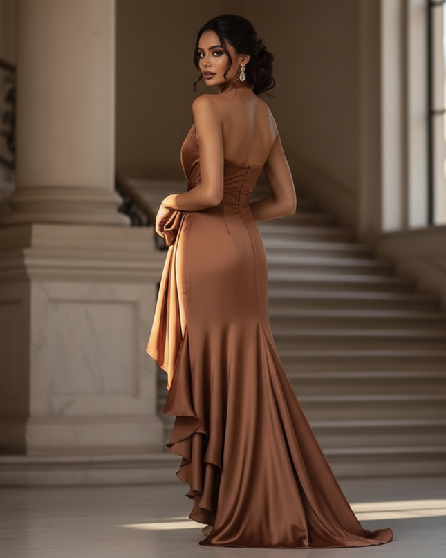 Satin Kleid - Satinkleid Lang Halter Braun - Maxikleid Cognac - Ansicht 2