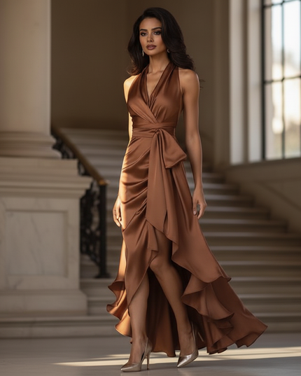 Satin Kleid - Satinkleid Lang Halter Braun - Maxikleid Cognac - Ansicht 3