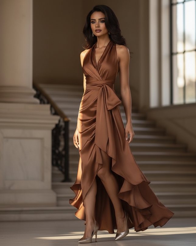 Satin Kleid - Satinkleid Lang Halter Braun - Maxikleid Cognac - Ansicht 3