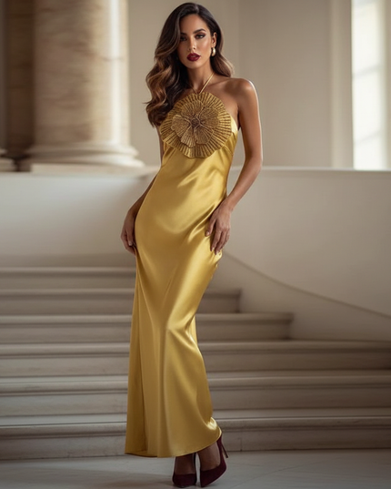 Satin Kleid - Satinkleid Lang Halter Gold - Maxikleid mit Blume - Ansicht 1