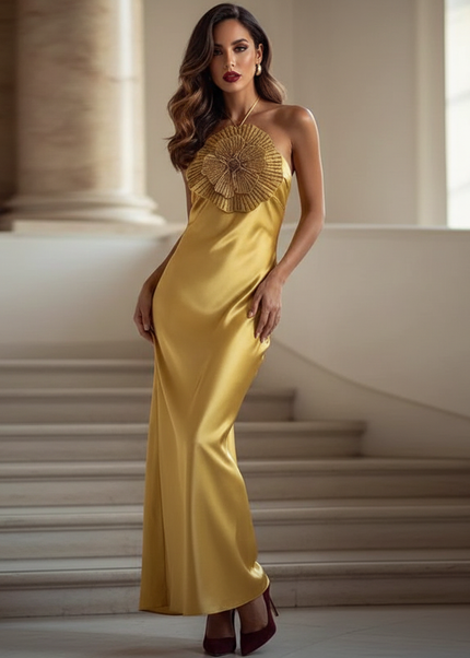 Satin Kleid - Satinkleid Lang Halter Gold - Maxikleid mit Blume - Ansicht 1