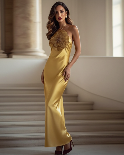 Satin Kleid - Satinkleid Lang Halter Gold - Maxikleid mit Blume - Ansicht 3
