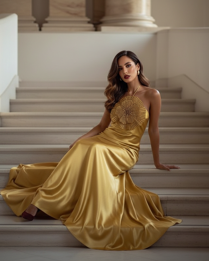 Satin Kleid - Satinkleid Lang Halter Gold - Maxikleid mit Blume - Ansicht 5