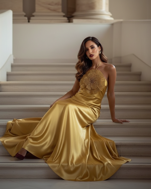 Satin Kleid - Satinkleid Lang Halter Gold - Maxikleid mit Blume - Ansicht 5