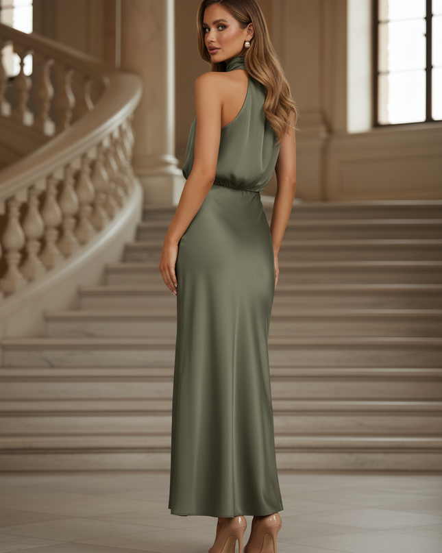 Satin Kleid - Satinkleid Lang Halter Gruen - Olivgruenes Maxikleid - Ansicht 2