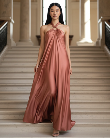Satin Kleid - Satinkleid Lang Halter Rosa - Maxikleid Satin - Ansicht 1