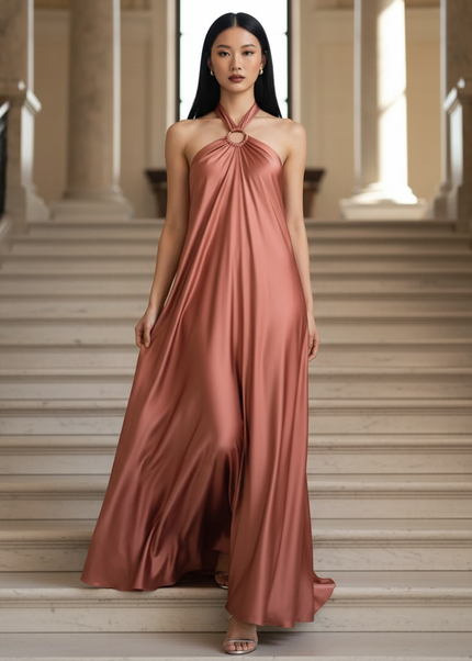 Satin Kleid - Satinkleid Lang Halter Rosa - Maxikleid Satin - Ansicht 1