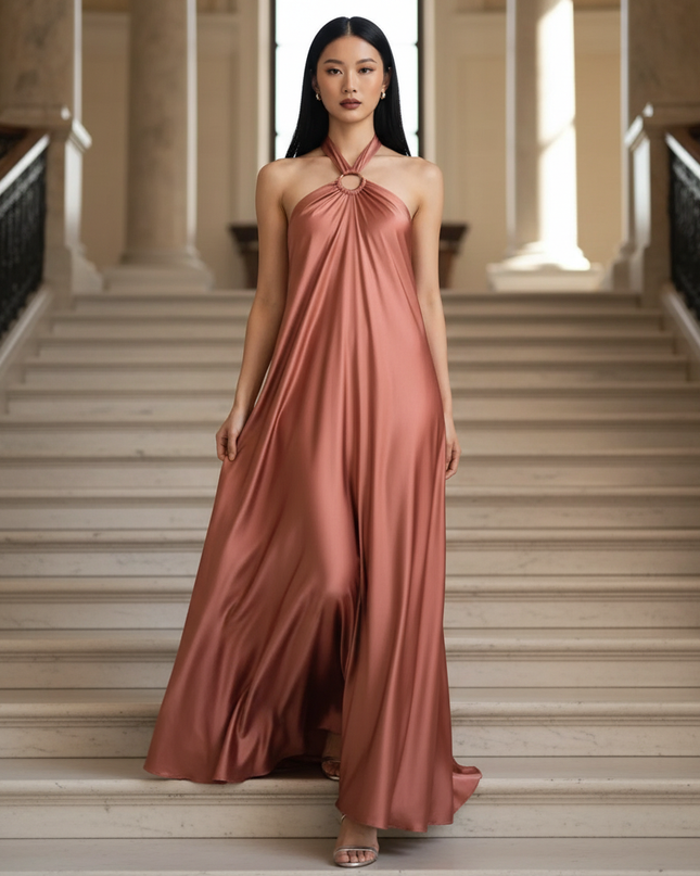 Satin Kleid - Satinkleid Lang Halter Rosa - Maxikleid Satin - Ansicht 1