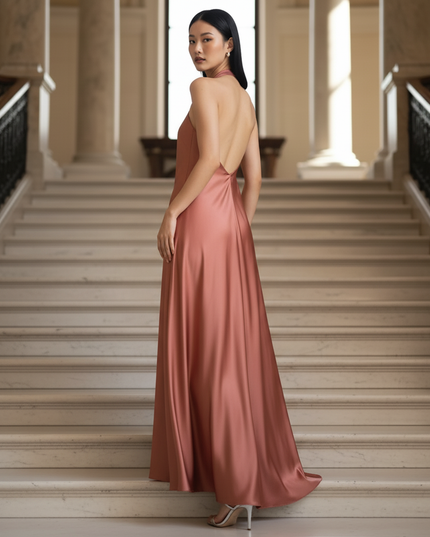 Satin Kleid - Satinkleid Lang Halter Rosa - Maxikleid Satin - Ansicht 2