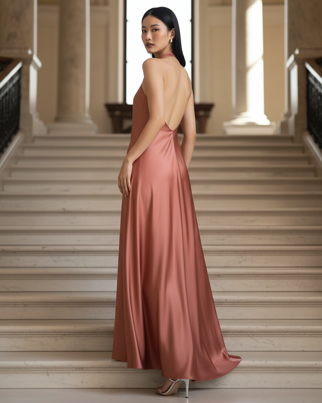 Satin Kleid - Satinkleid Lang Halter Rosa - Maxikleid Satin - Ansicht 2