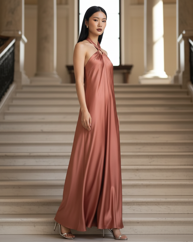 Satin Kleid - Satinkleid Lang Halter Rosa - Maxikleid Satin - Ansicht 3