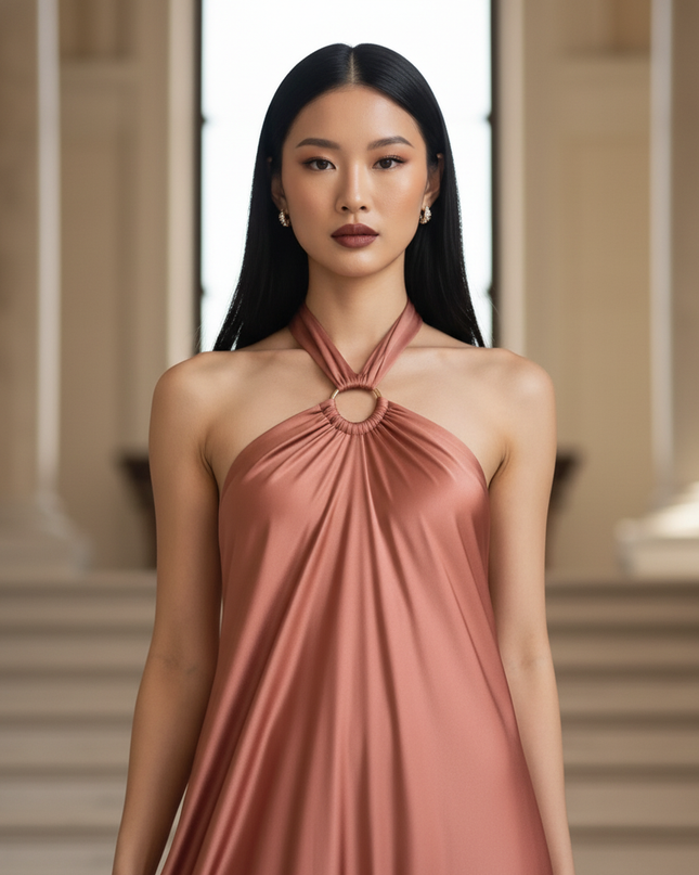 Satin Kleid - Satinkleid Lang Halter Rosa - Maxikleid Satin - Ansicht 4